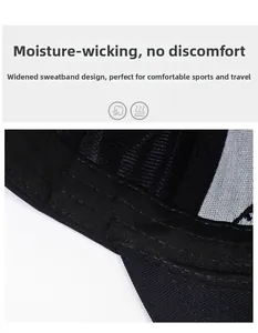 Detail of widened sweatband and breathable mesh lining on a black baseball cap