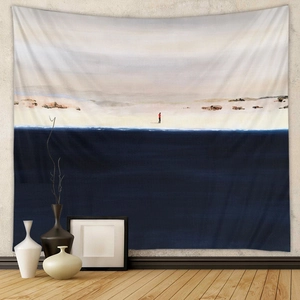 Artistic minimalist tapestry showing a deep blue sea and small red silhouette on wall