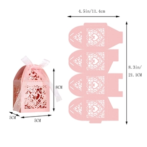 Detailed dimensions of pink laser-cut heart candy box with ribbon and flat template view