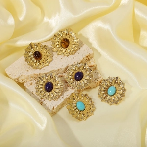 Elegant gold stainless steel sunflower earrings with inlaid natural stones on silk backdrop
