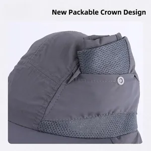 Quick-dry breathable dark grey sun hat with foldable mesh panels for outdoor activities