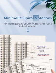 Detail of transparent PP frosted notebook cover with durable spiral binding and graph paper