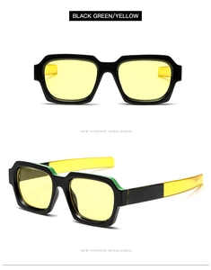 Detail view of two-tone green and yellow sunglasses legs with high-quality resin finish