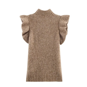 Brown high-neck wool blend knit vest featuring layered ruffle cap sleeves and ribbed hemline