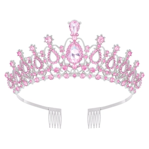Elegant silver crown with pink rhinestones and teardrop crystal for bridal party