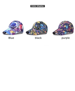 Detailed color display of graffiti baseball caps in blue black and purple spray paint styles