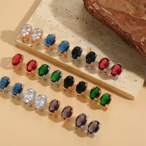 French Vintage Oval Zirconia Stud Earrings For Women Retro Copper Gold Silver Plated Crystal Geometric Earring Fashion Jewelry