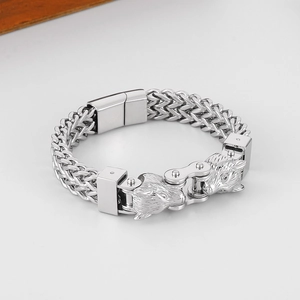 Bracelet hip hop en acier titane avec deux têtes de loup et fermoir magnétique homme