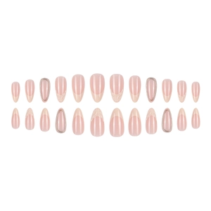French tip almond press-on nails in nude pink with silver metal edges and 3D textures