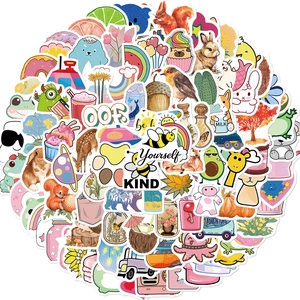 Detailed view of colorful waterproof cartoon stickers featuring cute animals and food motifs