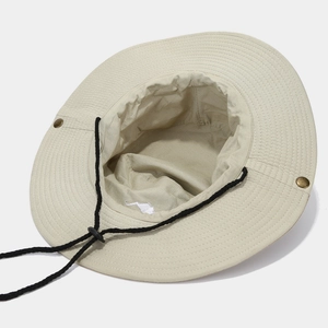 Chapeau de soleil extérieur à bord large beige avec cordon et boutons latéraux en métal