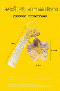Close-up of sakura liquid keychain with yellow sand, size 4.5x4.5cm and 11cm strap