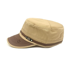 Khaki cotton cadet hat with brown leather brim and star embroidery star on white background