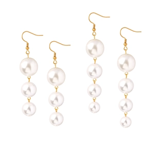 Elegant French style long tassel imitation pearl drop earrings with gold titanium steel hooks