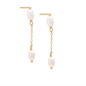 Elegant S925 sterling silver long tassel chain earrings with two white oval pearls