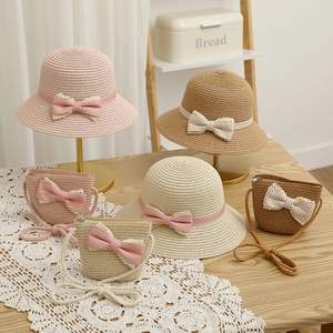 Girls Straw Hat And Crossbody Bag Polka Dot Bow Lace Trim Summer Sun Protection Beach Outdoor Sweet Cute