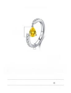 Detail view of S925 silver ring featuring pear-shaped yellow zircon and technical specs
