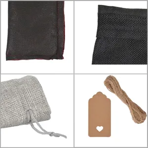 Linen and mesh drawstring gift bags set with heart kraft tags and natural hemp rope