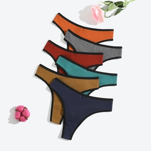 Women Ribbed Cotton Thong Panties Low Waist Breathable Contrast Trim Sexy Lingerie T-Back Underwear Soft Stretchy