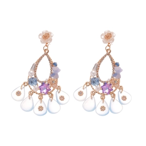 Floral teardrop dangle earrings with multicolored crystals and blue resin fringe drops