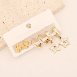 Three-set gold stainless steel earrings with clover studs and star moon dangles