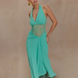 Sexy Halter Neck Maxi Dress Deep V Neck Chiffon Mesh Stitching Sleeveless High Waist See-through Party Evening Dress Women