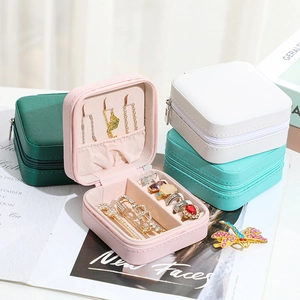 Portable mini jewelry box set with zipper closure and ring slots in multiple colors