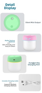 Detail view of mini USB humidifier showing matte finish, charging port and colorful LED effect