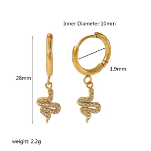 18K gold stainless steel snake earrings with sparkling cubic zirconia on white background