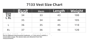 Detailed size chart for brushed V-neck sports vest with bust and length measurements