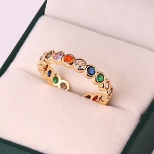Close-up of 18k gold plated ring featuring a vibrant row of colorful zirconia stones