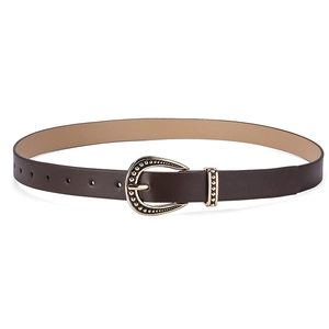 Classic dark brown leather belt with vintage golden horseshoe buckle for women jeans