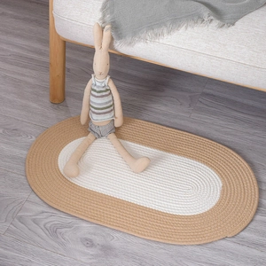 Japanese style hand-woven oval cotton rug in beige and white for bedroom or bathroom use