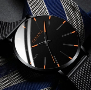 Geneva men's quartz watch with black mesh strap and orange markers on a dark dial