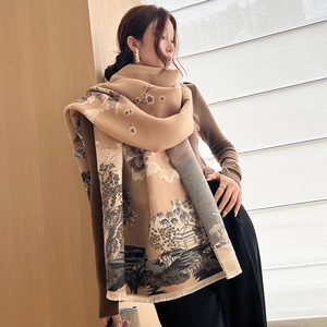 Detail of soft beige and grey pashmina scarf with landscape painting and floral pattern