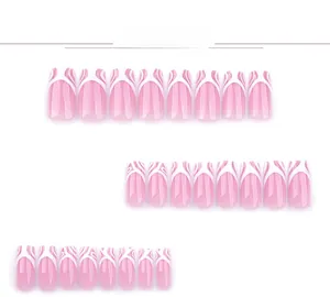 Detail of pink and white abstract striped press-on nails in 24-piece varied sizes set