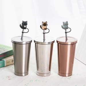 Three cute cat silicone straw toppers for 10mm straws shown on colorful tumblers