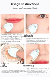 Mini finger powder puff application for lip blending, cheek blush, and T-zone setting