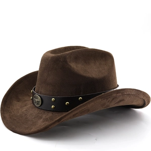 Chapeau De Cowboy Occidental Pour Hommes Et Femmes Large Bord Suédine Feutre Jazz Fedora Avec Boucle Tête De Taureau