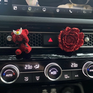 Car air freshener set with red flocked bear and peony flower decor for vent