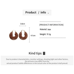 Detail specifications of brown woven hoop earrings showing 3.8cm width and iron material