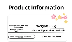 Detail view of large hair dryer organizer bag specifications, size 35x15x20cm and 180g
