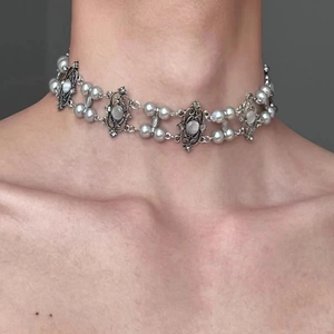 Gothic Y2K Necklace Choker For Women Alloy Faux Artificial Pearl Cat Eye Stone Multi Layer Clavicle Chain Sweet Cool Jewelry