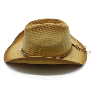 Handwoven western straw cowboy hat in gradient brown with stylish beaded leather cord