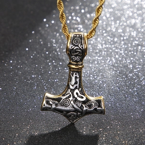 Viking Thor's Hammer Mjolnir pendant necklace in retro silver and gold tones with chain