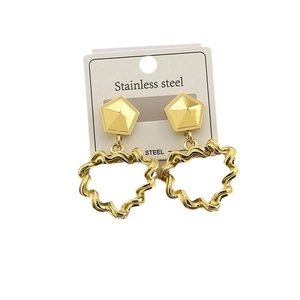 Elegant gold stainless steel geometric pentagon and wavy circle drop earrings
