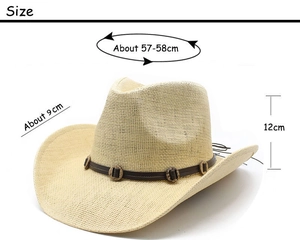 Detailed size chart for beige hand-woven wide brim straw jazz hat with leather band