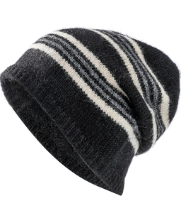 Close-up of the soft knit texture and striped pattern on the black wool beanie hat