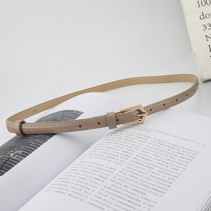 Beige thin leather belt with gold geometric buckle on book, elegant waist accessory