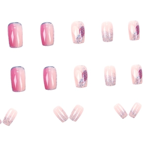 Dreamy purple gradient heart graffiti press-on nails with fine glitter short style 24pcs